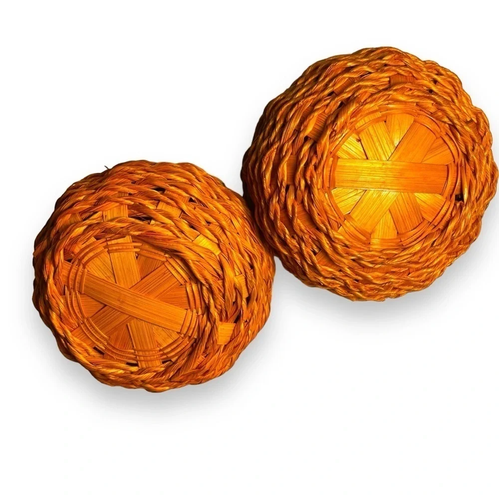 Lot Of 2 Wicker Halloween/Thanksgiving Orange Pumpkin Baskets with Lids 5”